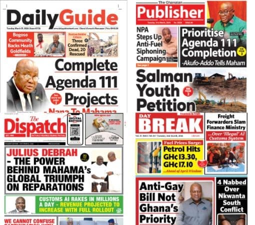 Newspapers, Ghana news, Headlines, Tuesday, March 31, 2026