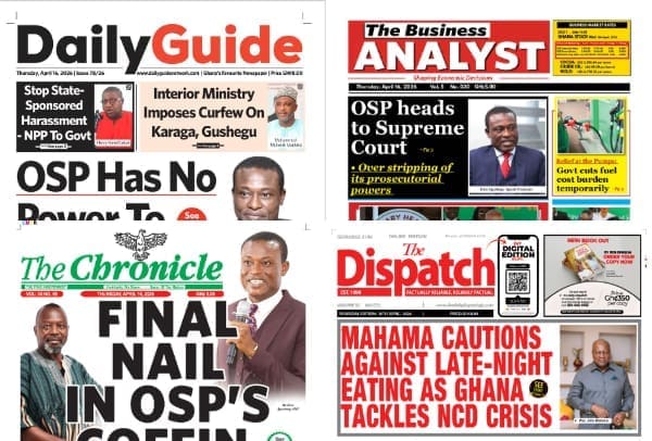 Newspapers, Ghana news, Headlines, Thursday, April 16, 2026