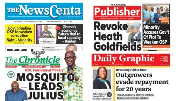 Newspapers, Ghana news, Headlines, Wednesday, April 22, 2026