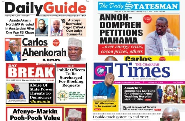 Newspapers, Ghana news, Headlines, Thursday, May 14, 2026