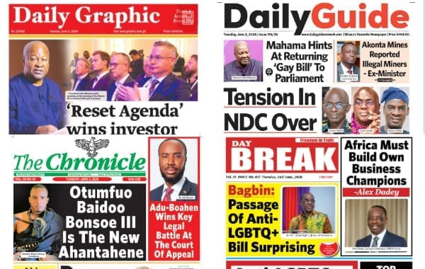 Newspapers, Ghana news, Headlines, Tuesday, June 2, 2026