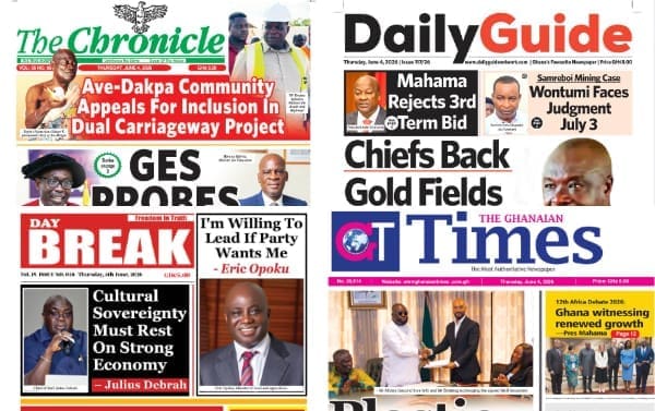 Newspapers, Ghana news, Headlines, Thursday, June 4, 2026
