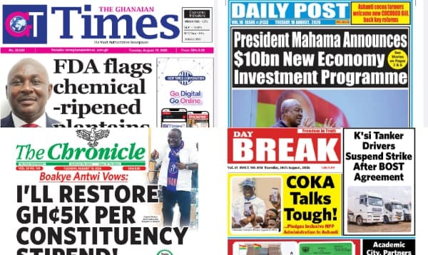 Newspapers, Ghana news, Headlines, Tuesday, August 18, 2026