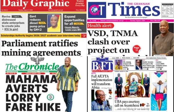 Newspapers, Ghana news, Headlines, Tuesday, August 4, 2026