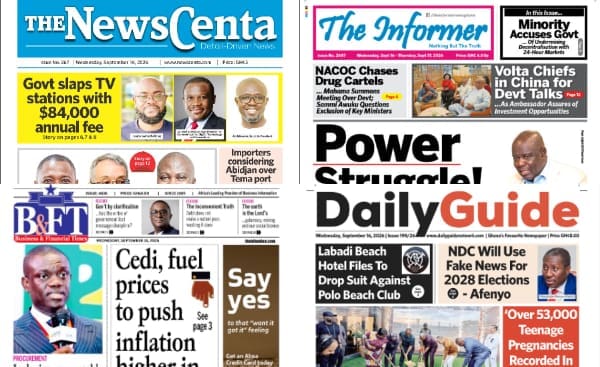 Newspapers, Ghana news, Headlines, Wednesday, September 16, 2026