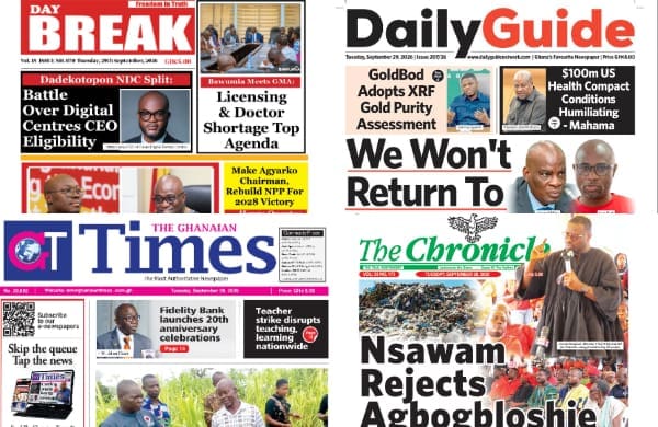 Newspapers, Ghana news, Headlines, Tuesday, September 29, 2026