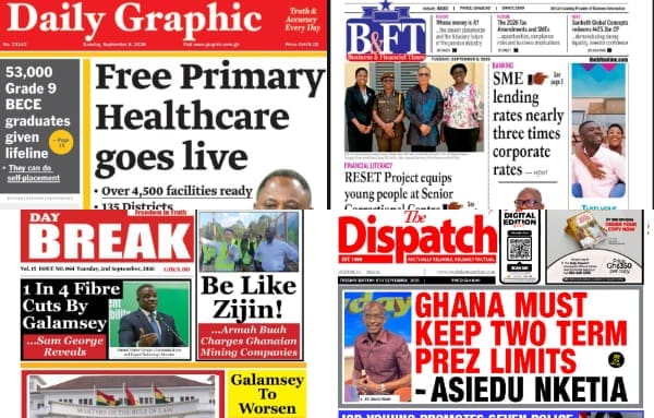 Newspapers, Ghana news, Headlines, Tuesday, September 8, 2026