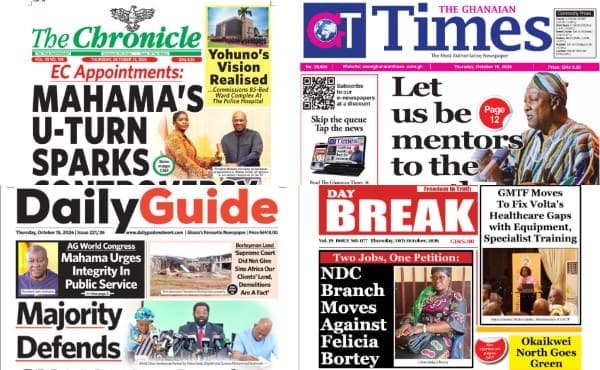 Newspapers, Ghana news, Headlines, Thursday, October 15, 2026