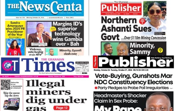 Newspapers, Ghana news, Headlines, Monday, October 26, 2026